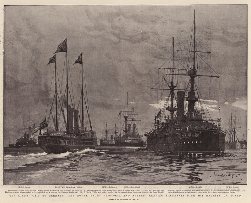A visita do rei à Alemanha, o Royal Yatch Victoria e Albert deixando Sheerness com Sua Majestade a bordo de Charles Edward Dixon