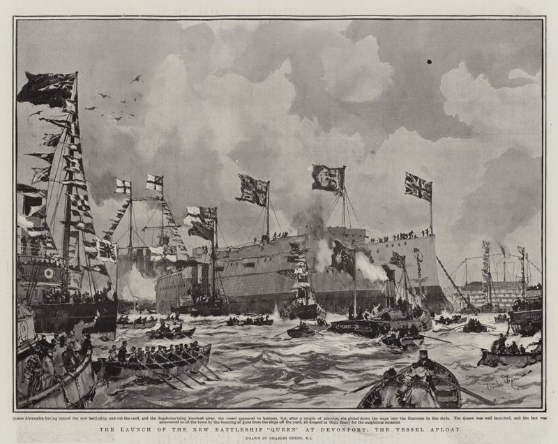 O lançamento da nova Rainha Battleship em Devonport, o navio afloat de Charles Edward Dixon