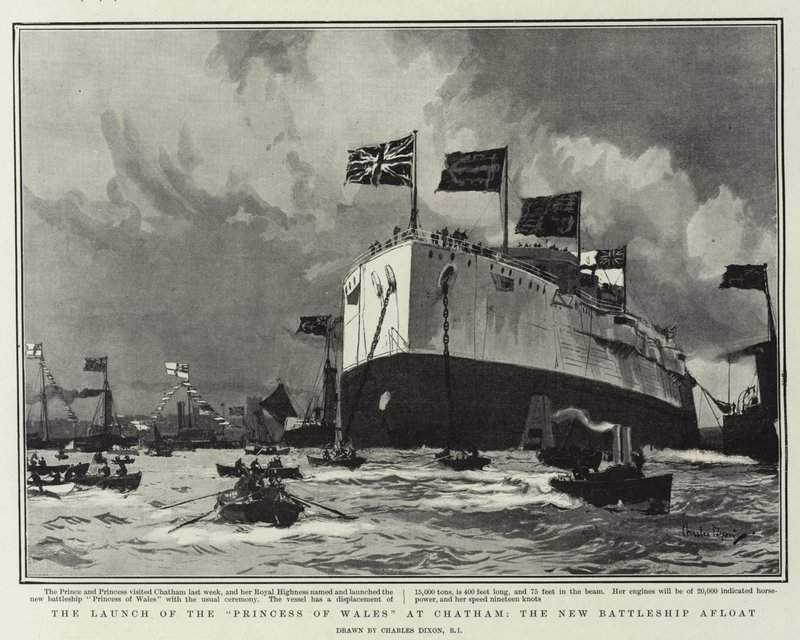 O lançamento da Princesa de Gales, em Chatham, o novo Battleship Afloat de Charles Edward Dixon