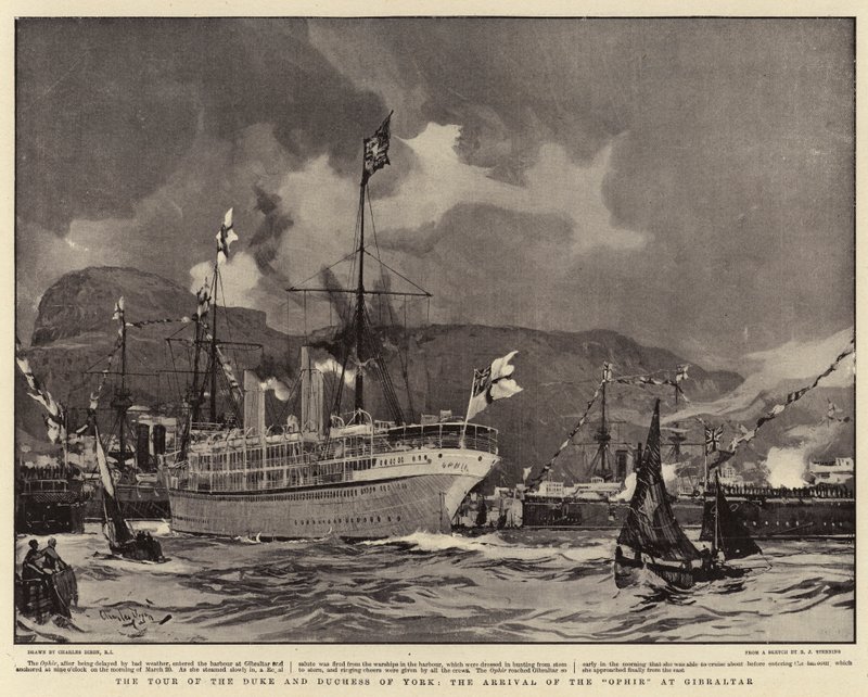 O Tour do Duque e Duquesa de York, a chegada do Ophir em Gibraltar de Charles Edward Dixon