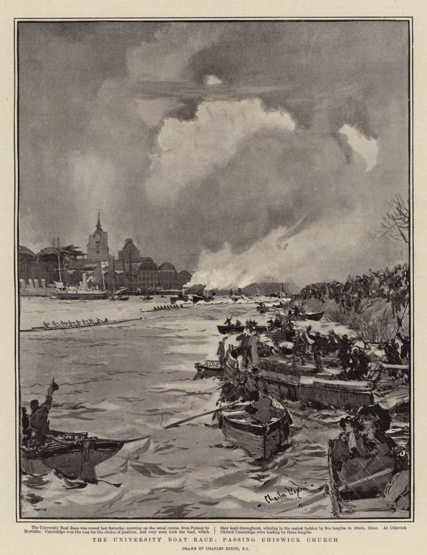 A corrida de barcos da Universidade, passando pela Igreja de Chiswick de Charles Edward Dixon