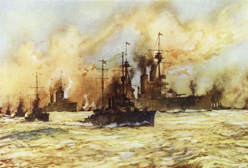 O cruzador de batalha Indomável rebocando o cruzador de batalha ferido Leão depois da Batalha de Dogger Bank, 24 de janeiro de 1915 de Charles Edward Dixon