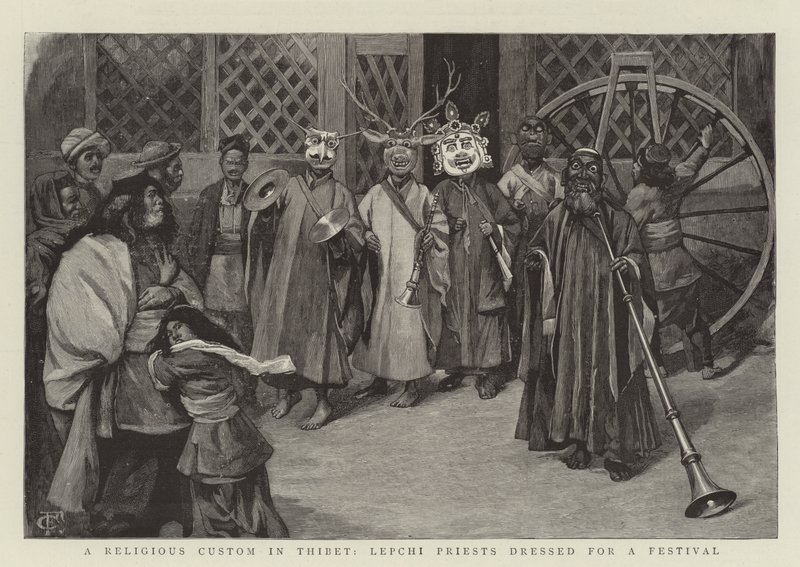 Um costume religioso em Thibet, padres de Lepchi vestidos para um festival de Charles Edwin Fripp