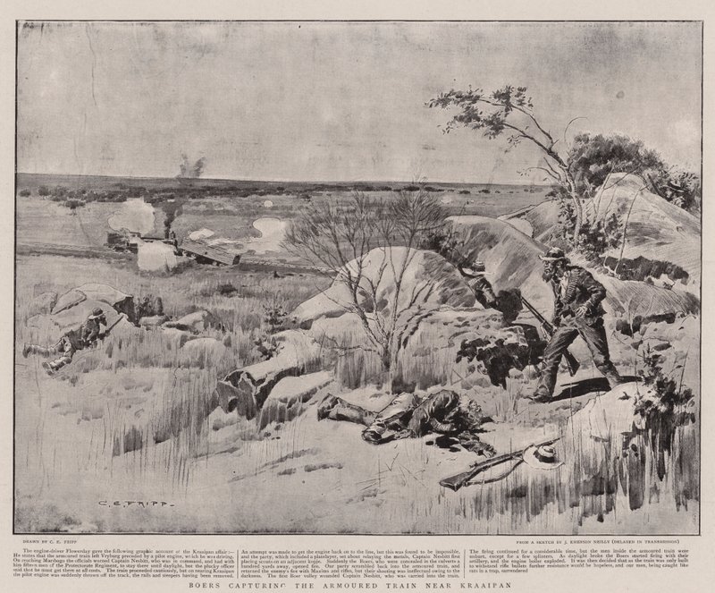 Boers, capturando, a, trem blindado, perto, Kraaipan de Charles Edwin Fripp