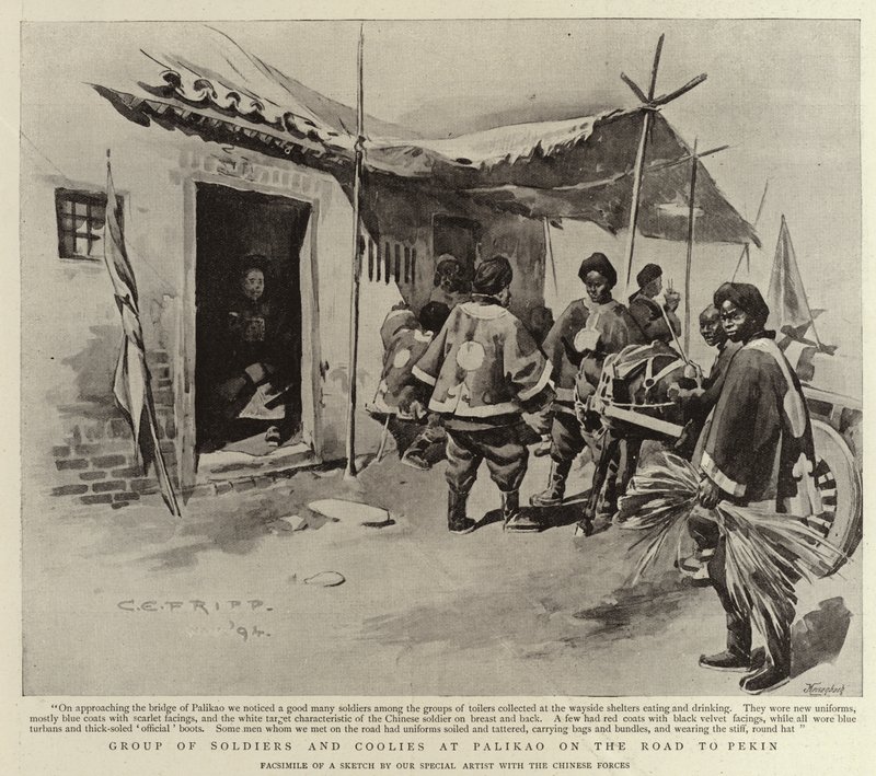 Grupo de soldados e Coolies em Palikao na estrada para Pekin de Charles Edwin Fripp