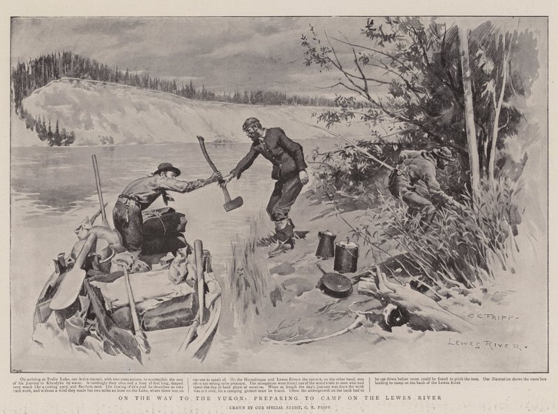 No caminho para o Yukon, preparando-se para acampamento no rio Lewes de Charles Edwin Fripp