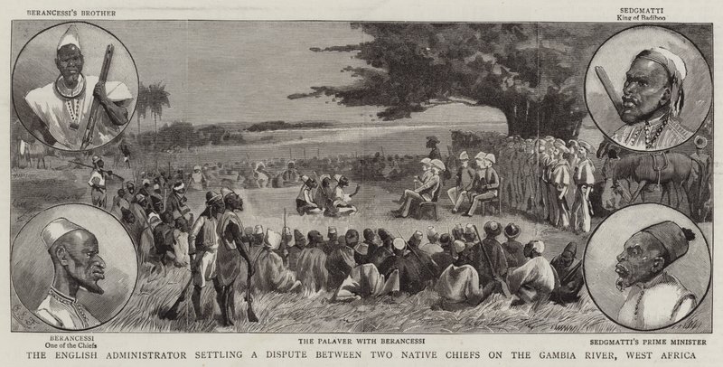 O administrador inglês que estabelece uma disputa entre dois chefes nativos no rio Gâmbia, na África Ocidental de Charles Edwin Fripp