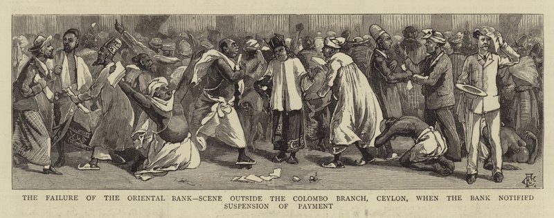O fracasso do Banco Oriental, cena fora da filial de Colombo, Ceilão, quando o banco notificou a suspensão do pagamento de Charles Edwin Fripp