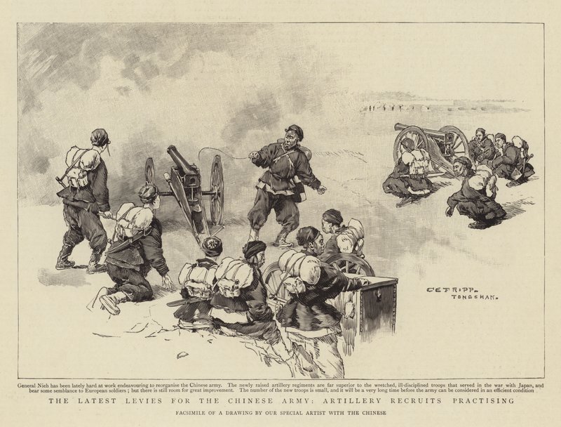 Os últimos impostos para o exército chinês, recrutas de artilharia praticantes de Charles Edwin Fripp