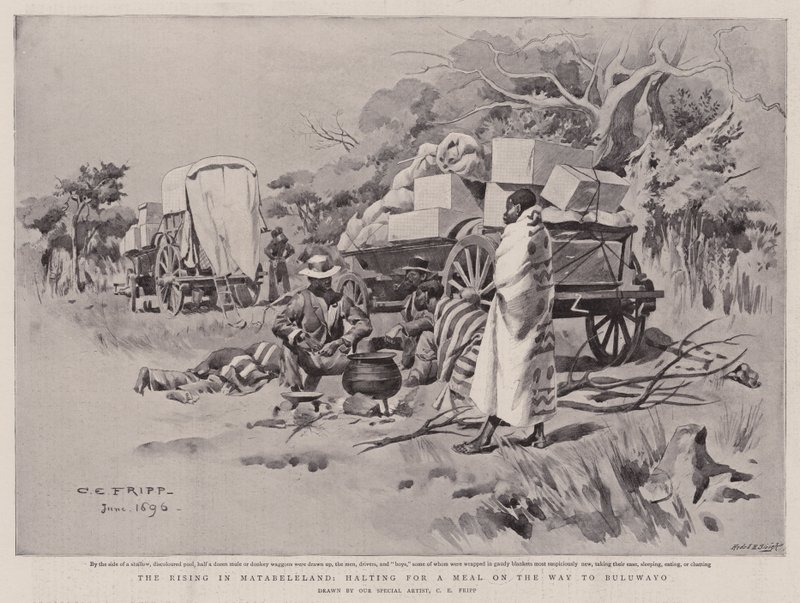 The Rising in Matabeleland, parando para uma refeição a caminho de Buluwayo de Charles Edwin Fripp