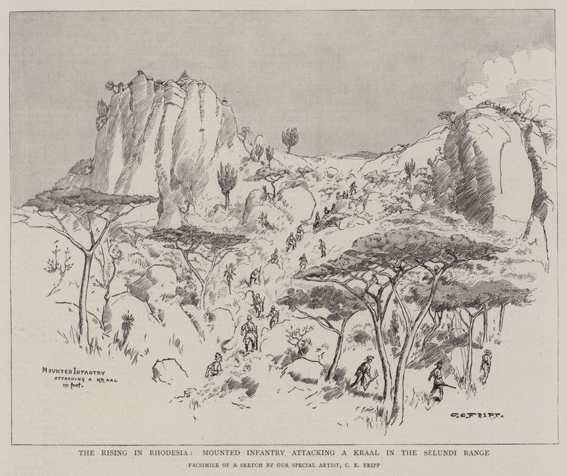 A ascensão na Rodésia, infantaria montada atacando um Kraal na Selundi Range de Charles Edwin Fripp