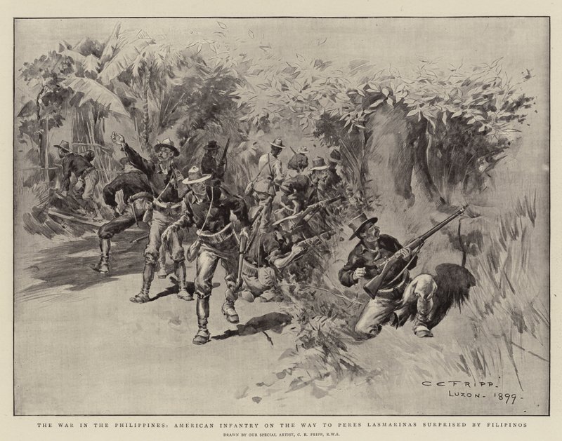 A guerra nas Filipinas, infantaria americana a caminho de Peres Lasmarinas surpreendida por filipinos de Charles Edwin Fripp