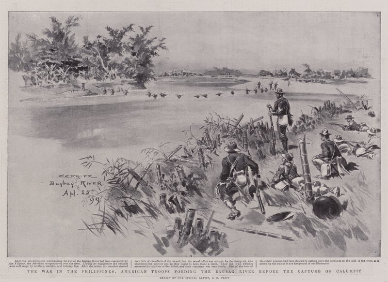 A Guerra nas Filipinas, tropas americanas que se aproximam do rio Bagbag antes da captura de Calumpit de Charles Edwin Fripp