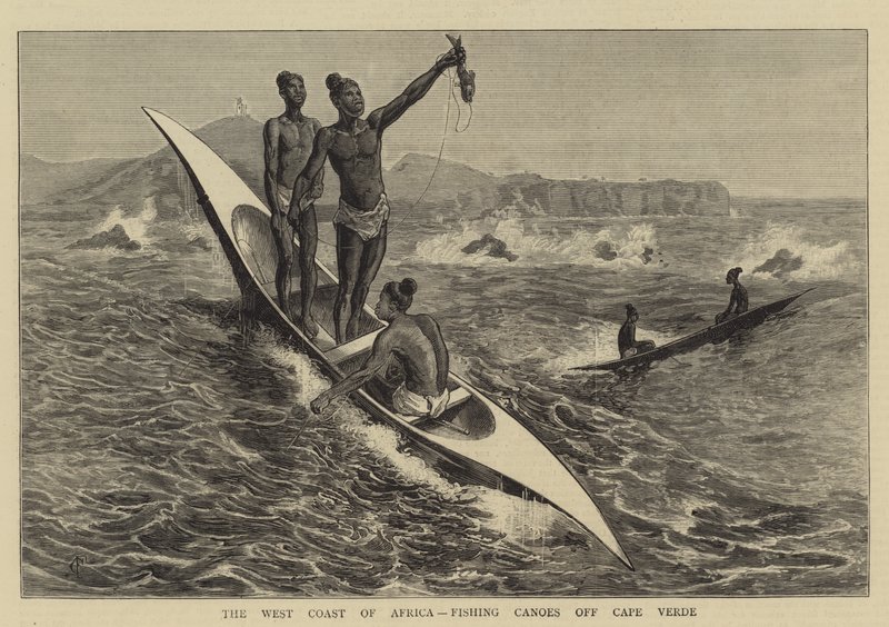 A costa oeste da África, canoas de pesca ao largo de Cabo Verde de Charles Edwin Fripp