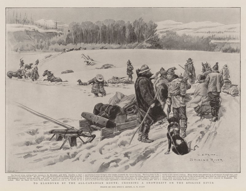 Para Klondyke pela rota canadense, atravessando um monte de neve no rio Stikine de Charles Edwin Fripp