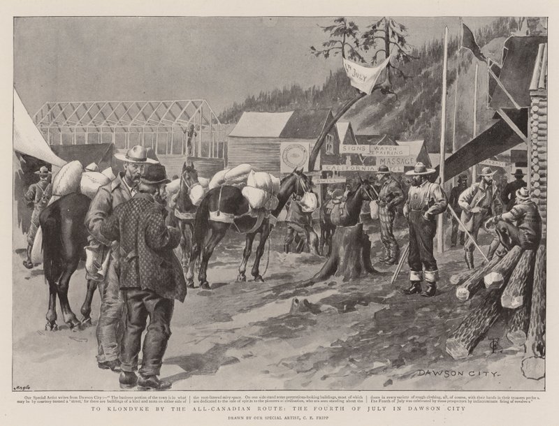 Para Klondyke pela rota canadense, o quarto de julho em Dawson City de Charles Edwin Fripp