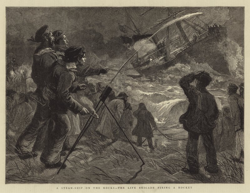 Um Navio a Vapor nas Rochas, a Brigada da Vida disparando um Foguete de Charles J. Staniland