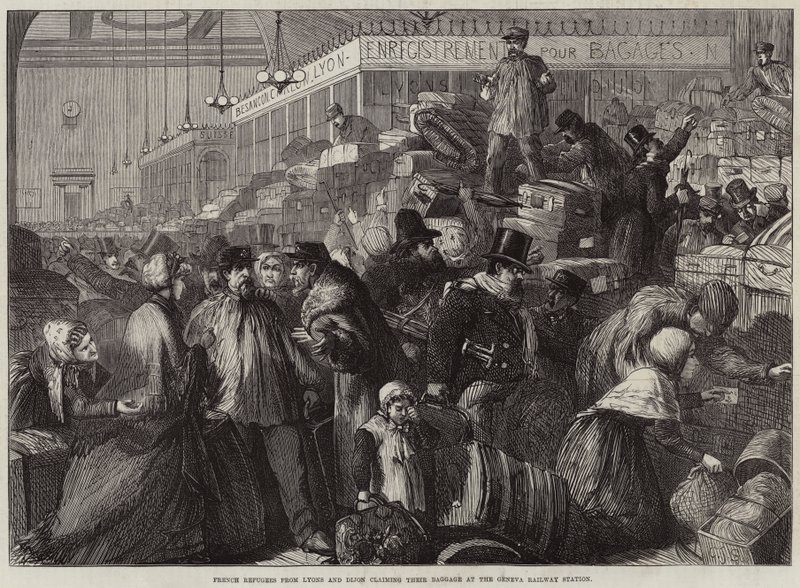 Refugiados franceses de Lyon e Dijon reivindicando suas bagagens na Estação Ferroviária de Genebra de Charles J. Staniland