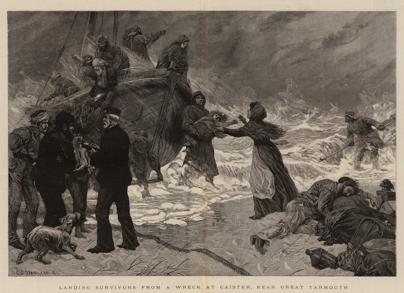 Sobreviventes de desembarque de um naufrágio no Caister, perto de Great Yarmouth de Charles J. Staniland