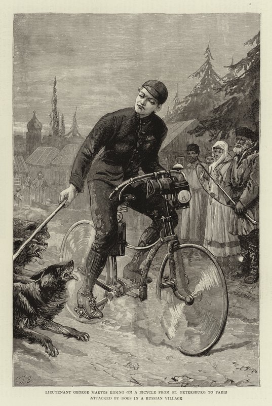 Tenente George Martos andando de bicicleta de São Petersburgo a Paris atacado por cães em uma vila russa de Charles J. Staniland