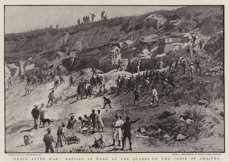 Paz após a guerra, indígenas trabalhando na pedreira no declive de Amajuba de Charles J. Staniland