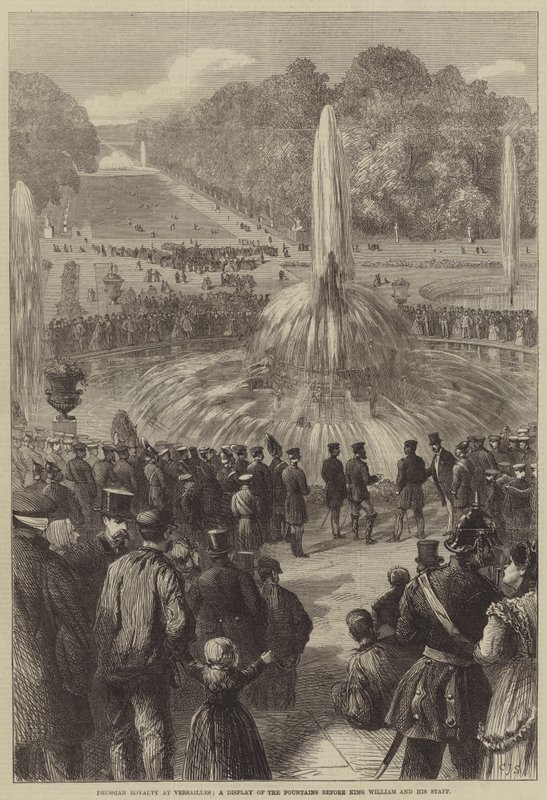 A realeza prussiana em Versalhes, uma exposição das fontes diante do rei William e sua equipe de Charles J. Staniland