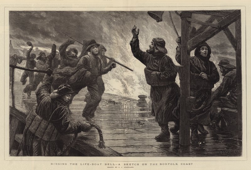 Tocando o sino Life-Boat, um esboço na costa de Norfolk de Charles J. Staniland