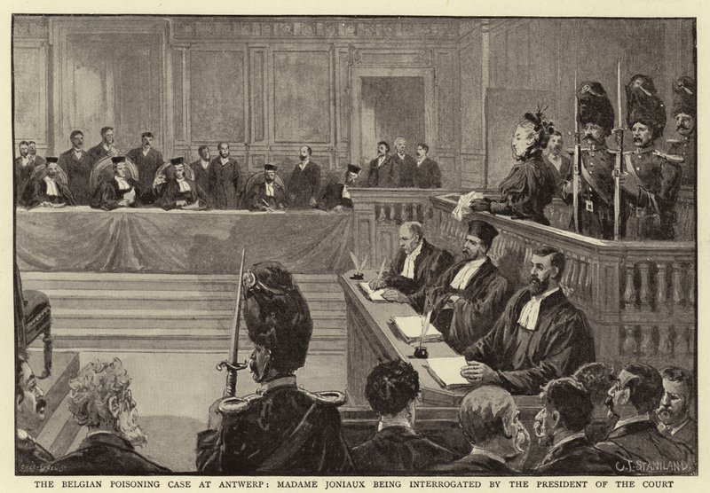 O caso de envenenamento belga em Antuérpia, Madame Joniaux sendo interrogado pelo Presidente do Tribunal de Charles J. Staniland