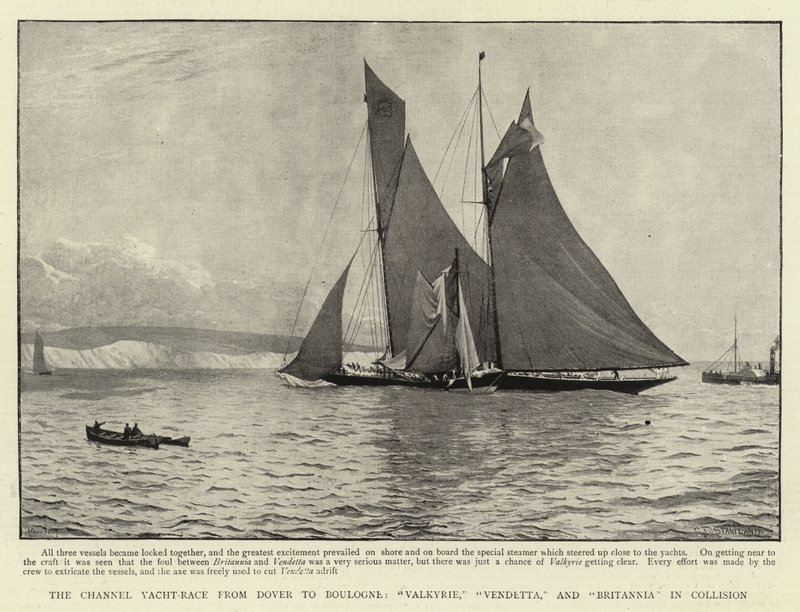 Corrida de iates do canal de Dover a Baulogne, Valkyrie, Vendetta e Britannia em colisão de Charles J. Staniland