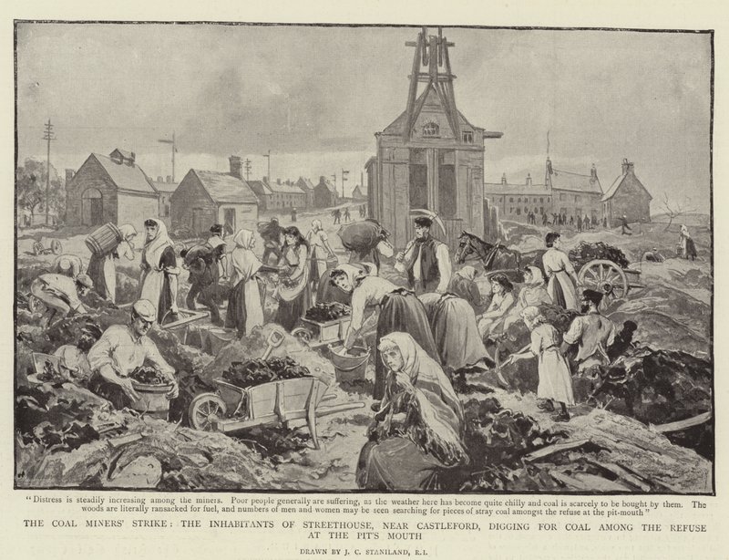A greve dos mineiros de carvão, os habitantes de Streethouse, perto de Castleford, cavando para o carvão entre o lixo na boca do poço de Charles J. Staniland