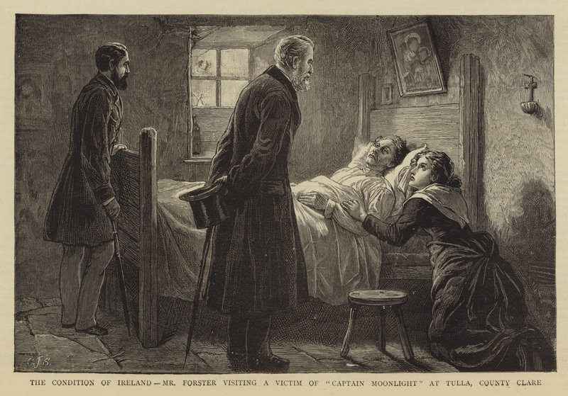 A Condição da Irlanda, Sr. Forster visitando uma Vítima do Capitão Moonlight em Tulla, Condado de Clare de Charles J. Staniland