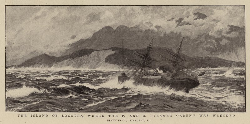 A ilha de Socotra, onde o P e O Steamer Aden foi destruído de Charles J. Staniland