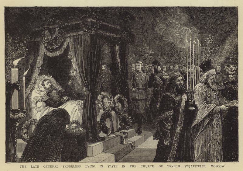 O general atrasado Skobeleff que encontra-se no estado na igreja de Tryech Swjatitelei, Moscovo de Charles J. Staniland