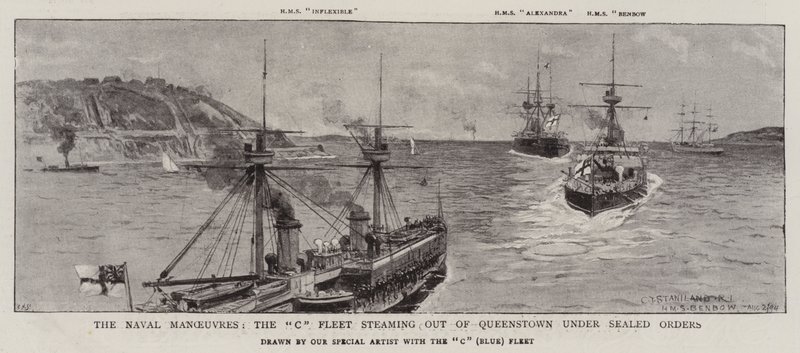 As manobras navais, a frota C saindo de Queenstown sob ordens seladas de Charles J. Staniland