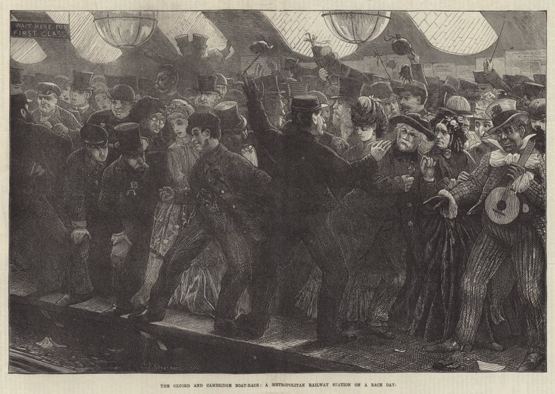 Oxford e Cambridge Boat-Race, uma estação de trem metropolitana em um dia de corrida de Charles J. Staniland