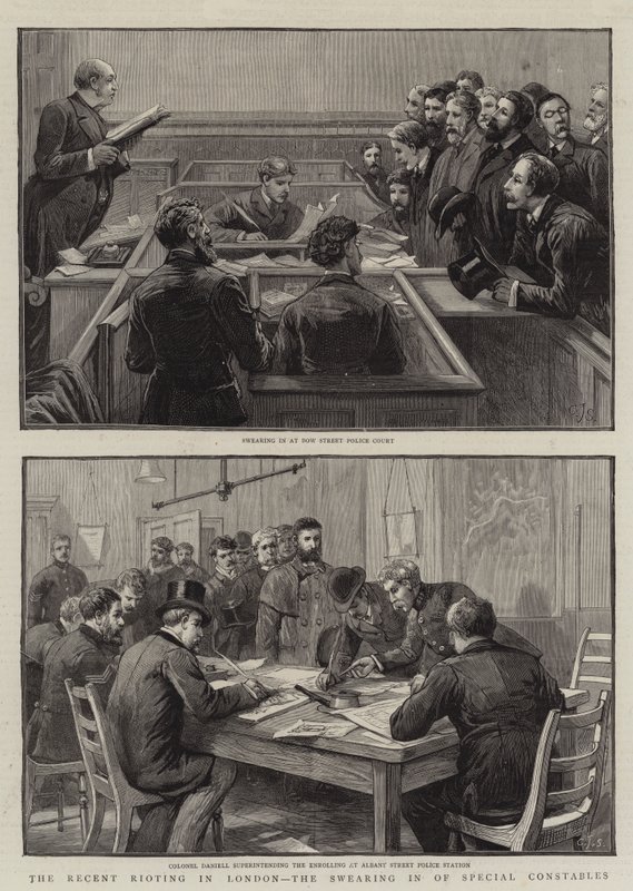 Os recentes tumultos em Londres, o juramento de policiais especiais de Charles J. Staniland