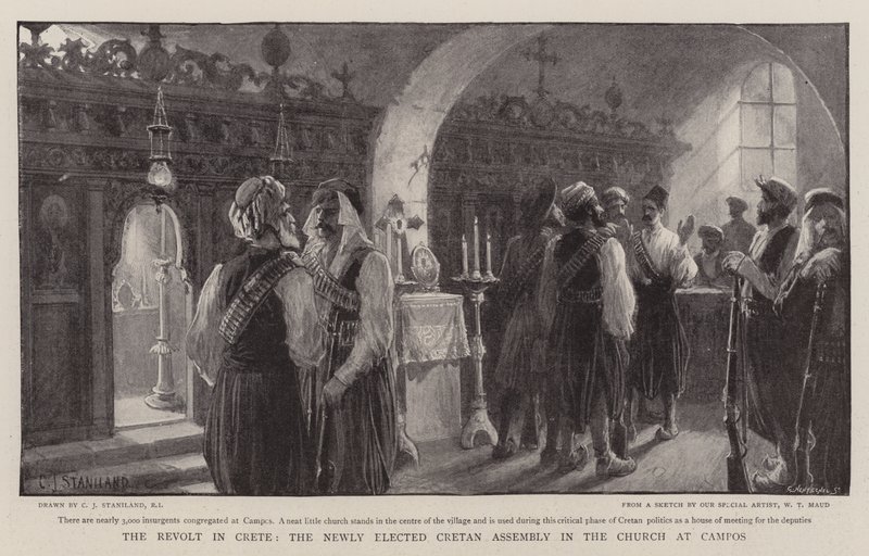 A Revolta em Creta, a recém-eleita Assembléia Cretense na Igreja em Campos de Charles J. Staniland