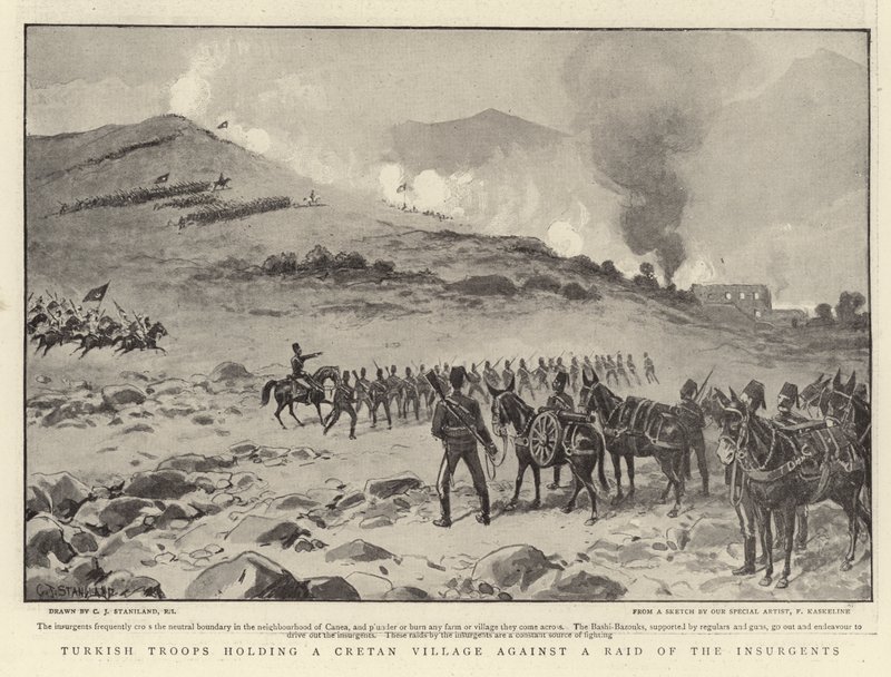 Tropas turcas segurando uma aldeia cretense contra uma incursão dos insurgentes de Charles J. Staniland