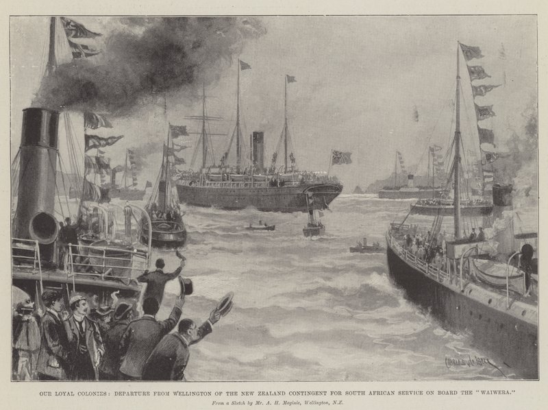 Nossas colônias leais, partida de Wellington do contingente de Nova Zelândia para o serviço sul africano a bordo do Waiwera de Charles John de Lacy