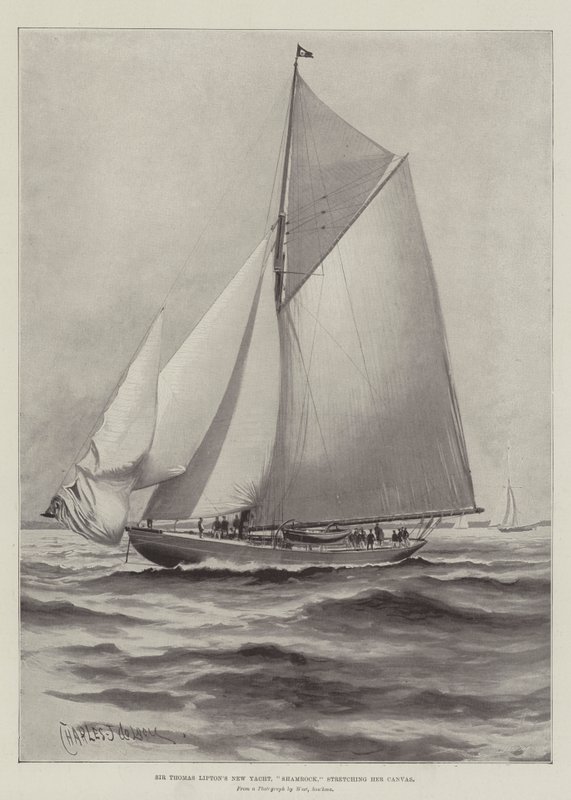 New Yacht de Sir Thomas Lipton, Shamrock, esticando sua tela de Charles John de Lacy