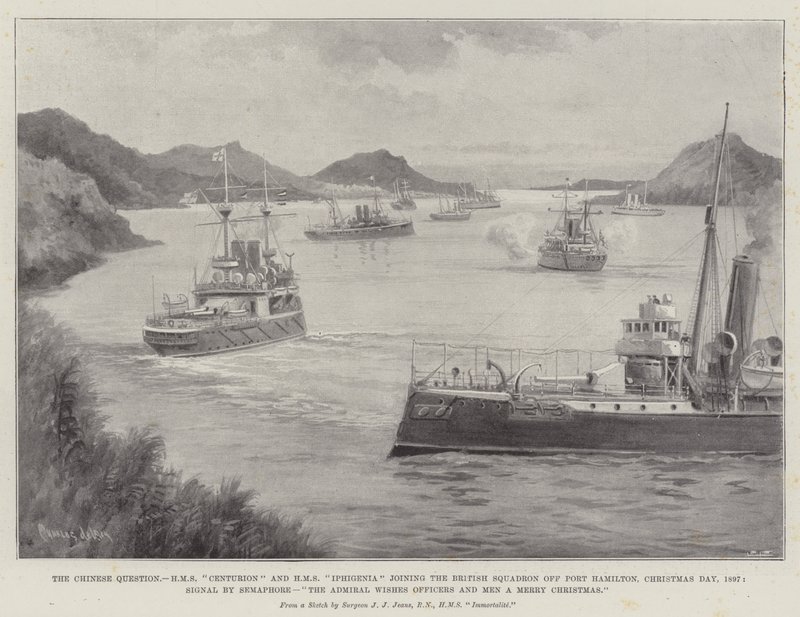 A Questão Chinesa, HMS Centurion e HMS Iphigenia juntando-se ao Esquadrão Britânico em Port Hamilton, Dia de Natal, 1897, Sinal por Semáforo, O Almirante deseja a Oficiais e Homens um Merry Christm de Charles John de Lacy