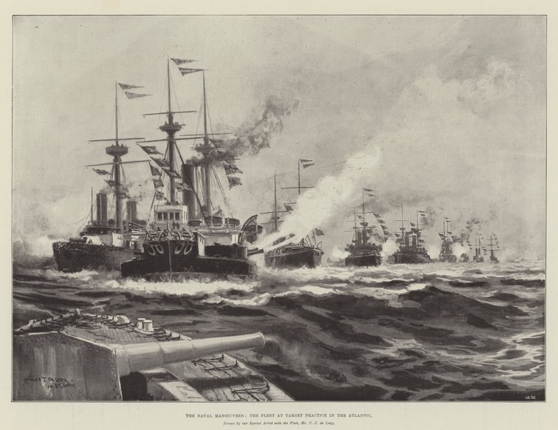 As manobras navais, a frota na prática alvo no Atlântico de Charles John de Lacy