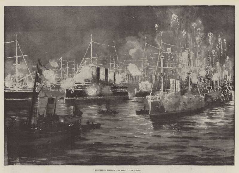 The Naval Review, a frota iluminada litho de Charles John de Lacy