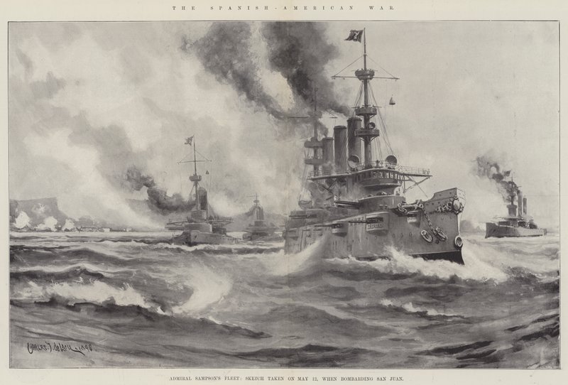 A Guerra Hispano-Americana, Frota do Almirante Sampson, Esboço tomado em 12 de maio, quando bombardeou San Juan de Charles John de Lacy