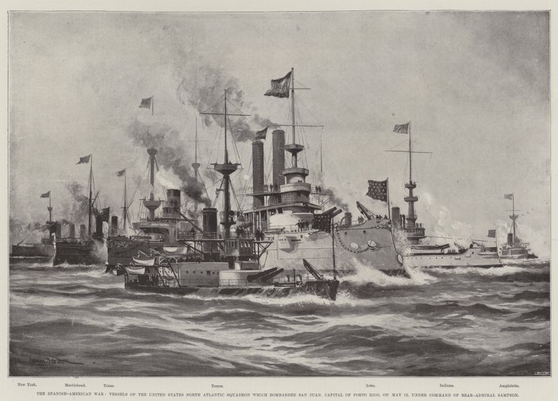 A Guerra Hispano-Americana, Embarcações do Esquadrão do Atlântico Norte dos Estados Unidos que bombardearam San Juan, Capital de Porto Rico, em 12 de maio, sob o comando do contra-almirante Sampson de Charles John de Lacy