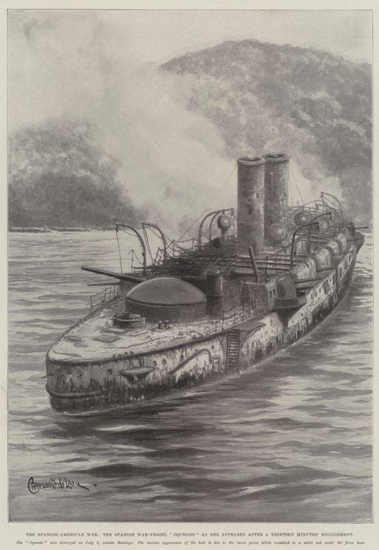 A Guerra Hispano-Americana, o navio de guerra espanhol Oquendo como ela apareceu depois de um engajamento de treze minutos de Charles John de Lacy
