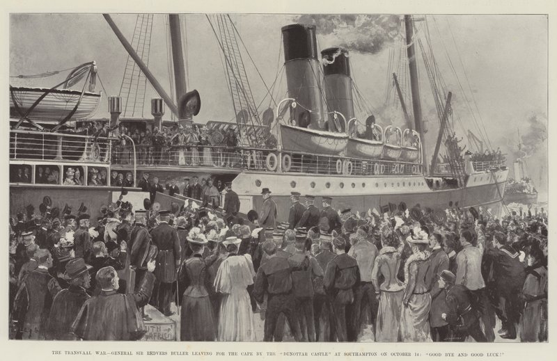 A Guerra do Transvaal, General Sir Redvers Buller saindo para o Cabo pelo Castelo Dunottar em Southampton em 14 de outubro, Good Bye and Good Luck! de Charles John de Lacy
