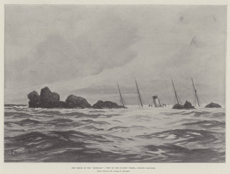 O naufrágio do Mohegan, vista do navio afundado, olhando para o mar de Charles John de Lacy