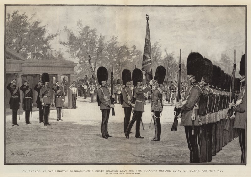 No desfile em Wellington Barracks, os guardas escoceses saudando as cores antes de ir em guarda para o dia de Charles Morel