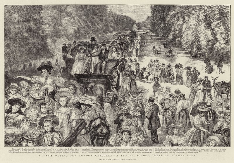 Uma excursão de um dia para as crianças de Londres, um tratamento na escola dominical em Bushey Park de Charles Paul Renouard
